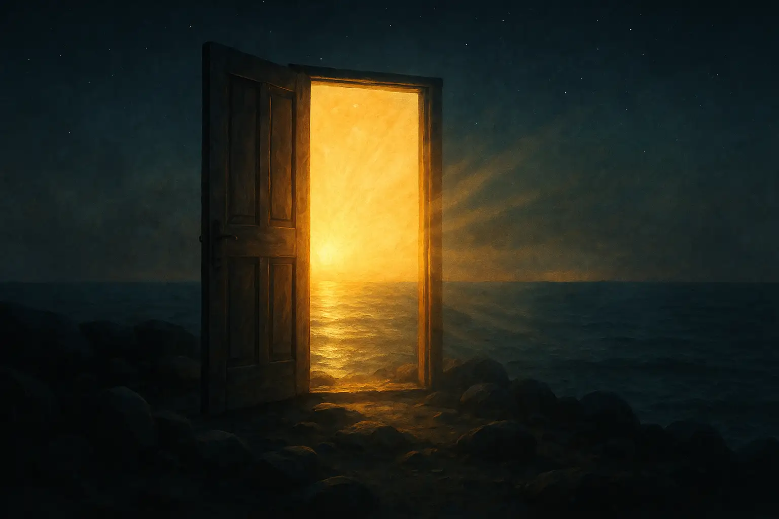 An open door on a night shore with sunrise light pouring through